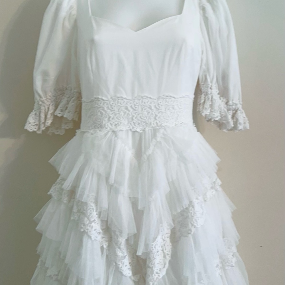 JessaKae White Tiered Lace Puff Sleeve Wedding Dress - Picture 2 of 13